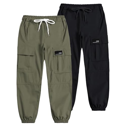 Image of Cromoncent Womens 2 Packs Cargo Pants Elastic Waist Lightweight Outdoor Jogger Pants Army Green+Black M