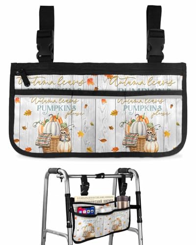 Anzona Autumn Pumpkins Wheelchair Side Bag Walker Bag, Rustic Owl Maple Leaf Black Wooden Wheelchair Accessories Armrest Pouch, Organizer Storage Bag for Walkers, Rollators, Scooters, 7.3''x13''