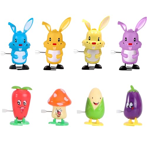 Vicketoy 8 Pack Easter Wind Up Bunny Vegetable Toys, Cartoon Rabbit Wind-Up Toys Vegetable Clockwork Toys Novelty Walking Toys for Kids Easter Egg Hunt Basket Filler Party Favor Birthday Gift (#A)