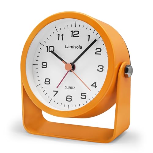Image of Lamisola 3.5 Inch Bathroom Clock, Small Alarm Clock for Bedroom, Orange | Battery Travel Desk Table Analog Clock for Kids Seniors Teens, Retro Cute Metal Home Decor Shelf Clock, Night Light Snooze