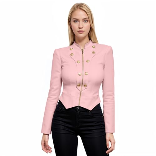 Hybrid & Company Women's Fashion Military Crop Premium Ultra Stretch Gold/Sliver Millennium Zipper Up Dressy Blazer Jacket KJK1125 Blush Large