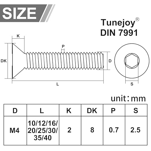 Tunejoy 20 Stück Senkkopfschrauben M4 x 35 mm Senkschrauben Edelstahl A2 V2A Senkkopf Innensechskant DIN 7991 Vollgewinde mit Inbusschlüssel