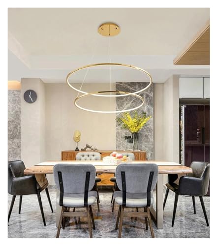 Genérico Lámpara colgante artística de acero inoxidable con LED y anillo dorado, lámpara lustre, luminaria suspensión for escalera(Cold White,60 80cm)