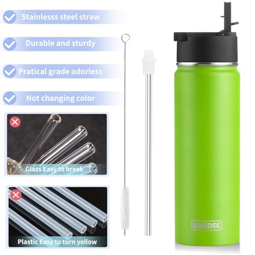 Image of koodee Water Bottle-22 oz Stainless Steel Vacuum Insulated Water Bottle with Straw Lid, Double Wall Wide Mouth Sports Water Bottle for School, BPA Free (Apple Green)