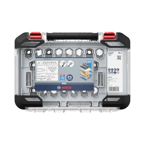 Bosch Pro Power Change Plus 14 Piece Multi-Material Hole Saw Set Transparent Case (for Softwood, Drywall, Diameter 20 mm to 76 mm, Professional Accessories for Drill/Screwdriver)