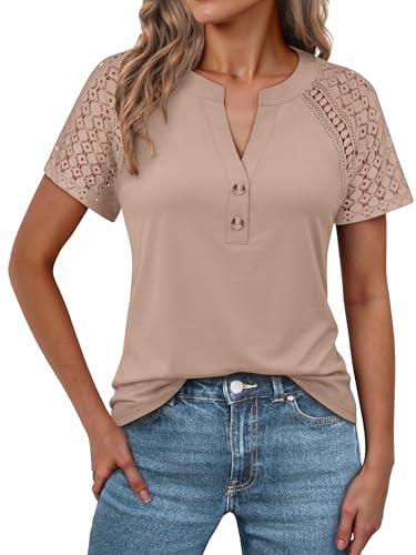 ANRABESS Womens Short Sleeve Lace Top, 2026 Henley V Neck Shirts, Versatile Trendy Casual Office Outfits for Work & Summer Khaki Medium