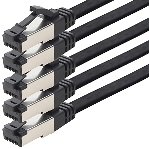 1aTTack.de 2m Cat 8 Patchkabel flach schwarz 40 Gigabit Netzwerkkabel Ethernet LAN Kabel 40 Gbits 2000 Mhz Patchkabel Cat8 Kabel LSZH TPE PIMF Rj45 Stecker 5 Stück - 2m