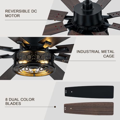 Image of 72 Inch Farmhouse Ceiling Fan with Lights Remote Rustic Fandelier | Black Caged Fandalier Ceiling Fan Industrial Large Chandelier, Reversible 6 Speed 8 Dual Blades 3 E26 Sockets for Living Room