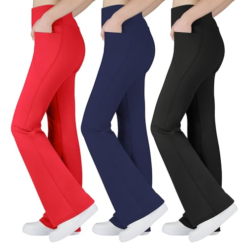 BIG ELEPHANT Girl's Flare Leggings with Pockets, Kids Bootcut Yoga Pants, High Waisted Bell Bottoms for Dance
