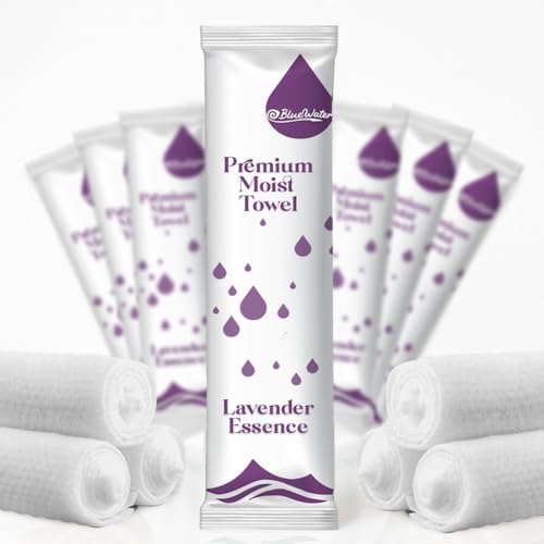 BlueWater (100-Pack) Individually Wrapped Moist Pre-Scented Towels - Single-use Premium Hot/Cold Towels (White-Packaging, 12x12in., Lavender Essence)