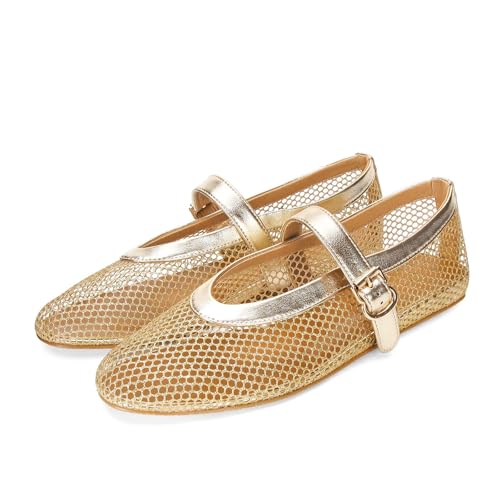 Image of MICIFA Women's Mesh Ballet Flats Fishnet Ballerina Flats Buckle Strap Mary Jane Causal Daily Dress Shoes