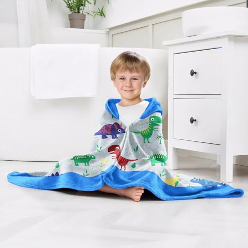 Image of Dinosaur Boys Beach Towel with Hoodie for Kids Toddlers Age 4-8,Dino Blue Bath Towels Shower Wrap for Boys, Hooded Poncho Beach Blanket for Pool Swimming Cute Wearable Bath Towel for Child