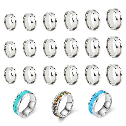 21PCS Stainless Steel Grooved Finger Ring US Size 6/7/8/9/10/11/12 8mm Wide Grooved Inlay Rings for Resin Jewelry, DIY Wedding Bands, Silver Core Empty Rings Craft Supplies(Silver)