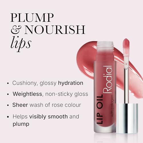 Image of Rodial Lip Oil with Plumping Collagen 4ml - Hydrating Vegan Lip Oil for Fuller, Smoother Lips, Nourishing Lip Care with Cherry, Jojoba & Macadamia Oils, English Rose Gloss Finish