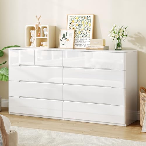 ZORPLIX 10 Drawer White Dresser for Bedroom, 55' Long Dresser Chest of Drawers, Large High Gloss...