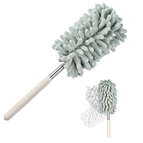 Blueshyhall Plumero de microfibra largo, extensible, lavable, redondo, telescópico, pequeño, con barra de extensión (29-76 cm) para coche, oficina, aspiradora, telarañas para niños (verde)