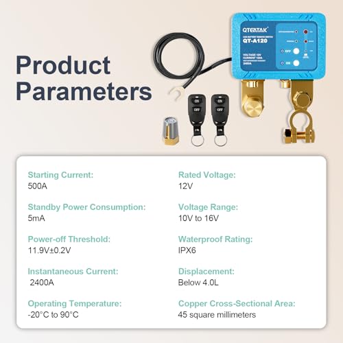 Image of 12V 120A Remote Battery Disconnect Switch | with Negative Battery Terminal Copper Post & Lead Sleeve, Anti-Theft, Battery Leakage Protection, 2 Remote Control Keys