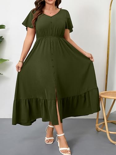 Image of RWJ Women Plus Size Maxi Dress V Neck Short Sleeve Button Trim Split Flowy Tiered Casual Long Dresses 2025 L-3XL