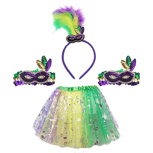 Conjunto de disfraz de carnaval con tocado dorado de media pluma y falda de cuentas multicolor para baile de máscaras (verde, talla única)