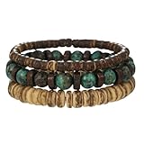 POIAFTETMA Juego de pulseras de cuentas de madera de Buda multicapa para hombre, estilo retro, multicapa, hilo elástico, pulsera de madera ajustable, perfecto para regalo para ocasiones especiales