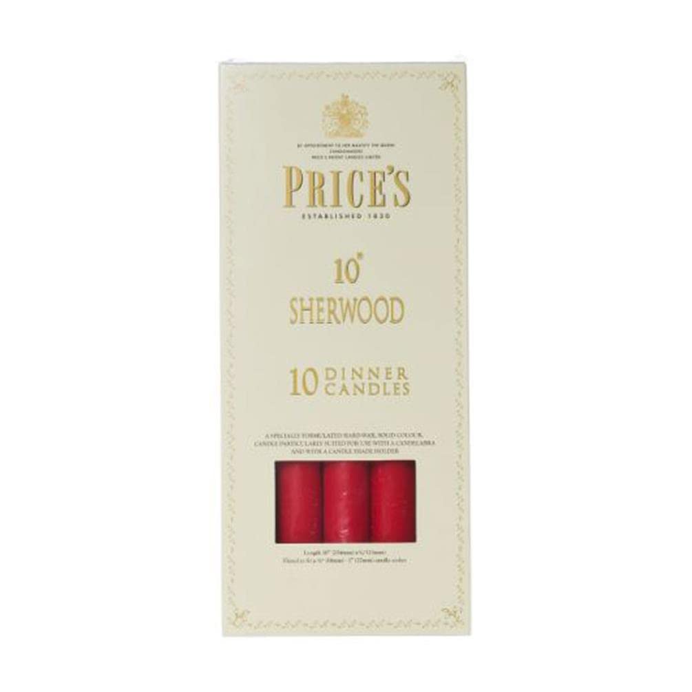 Price's - 10" Sherwood Dinner Candles - 10 Pack - Stunning Red - Solid Colour - Up to 9 Hour Burn Time - Smokeless - Unscented - Non-Drip - Multi-Purpose