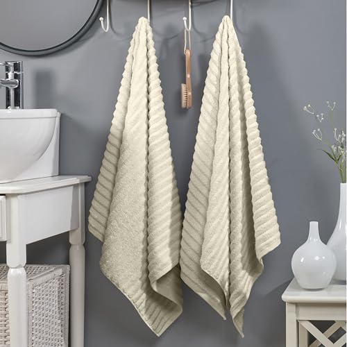 Image of Elegant Comfort 100% Turkish Cotton Corduroy Ribbed Luxury Soft 2 Pack Bath Towels 27 x 54 Inch - Ultra Plush, Absorbent, Quick Dry, Hotel Spa Quality Towels for Bathroom Essentials, Ivory