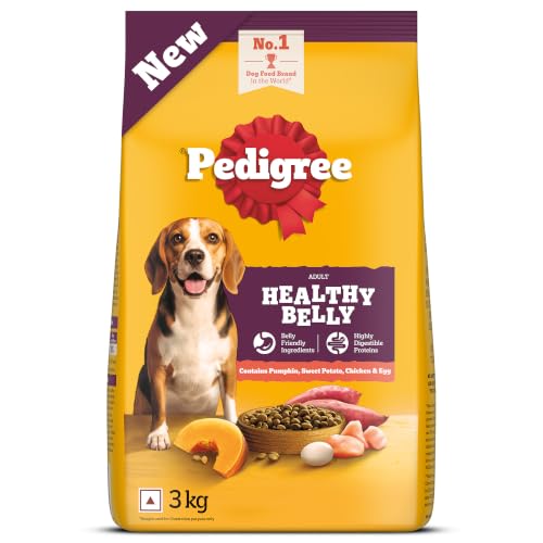Pedigree Adult Dry Dog Food, New Healthy Belly, 3 kg, Belly Friendly Ingredients, Highly Digestible Proteins, Contains Pumpkin, Sweet Potato, Chicken 