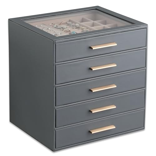 Frebeauty Clear Lid Jewelry Box,5-Layer Jewelry Organizer with Drawer,PU Leather Jewelry Organizers and Storage,Jewelry Boxes for Women,Jewelry Storage for Rings Earring Stud,Gift for Women(Grey)