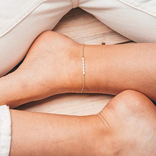 Wearon Pearl Anklet For Women, Gold 6 Rice Bead Sideways 14K Gold Plated Simple Summer Beach Boho Dainty Foot Chain Jewelry #TOP2