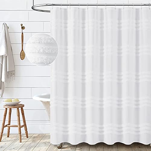 Dynamene White Fabric Shower Curtain, Tufted Chenille Striped Textured Cloth Shower Curtain For Bathroom, Modern Farmhouse Shabby Chic Waterproof Shower Curtain Set With Hook, Machine Washable, 72X72 #TOP5