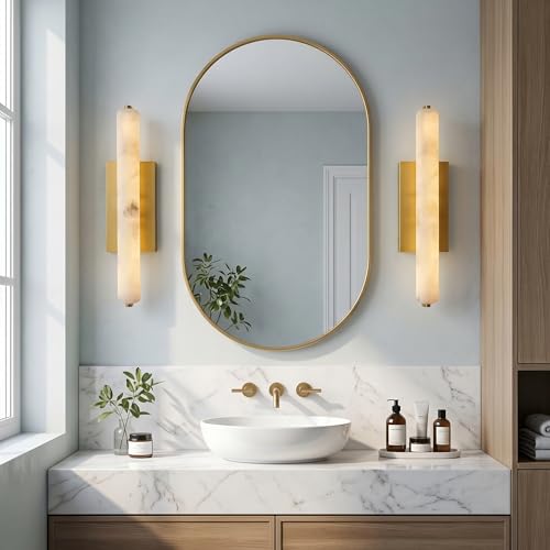 Image of 15in Alabaster Wall Sconces Brass Alabaster Sconce Spanish Marble Bathroom Vanity Sconces Modern Wall Light for Living Room Bedroom Staircases Indoor Gold