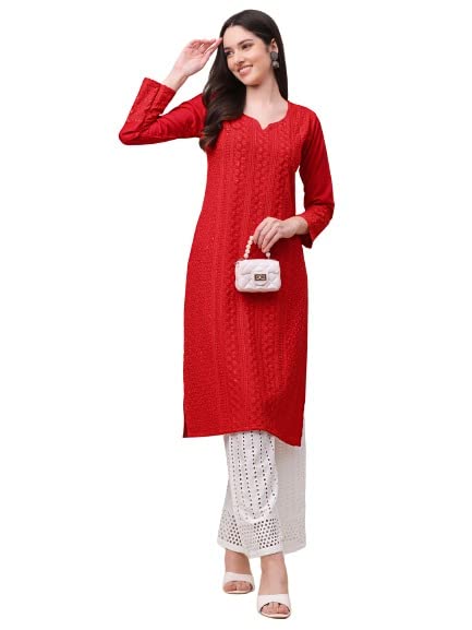 Gufrina Women's Viscose Rayon Kurta & Palazzo Set With Notch Neck Chikankari Embroidery Work 3/4Th Sleeves Regular Fit And Calf Length