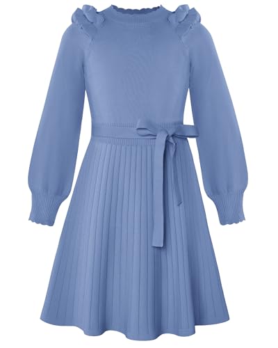 GRACE KARIN Girls Sweater Dress Fall Winter Knit Long Sleeve Ribbed Ruffle Waist Tie Size 5-12 Cream