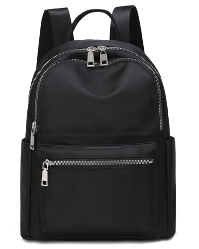 zhongningyifeng Mochila para mujer, de nailon, ligera, para viajes, casual, con cremalleras plateadas, color negro