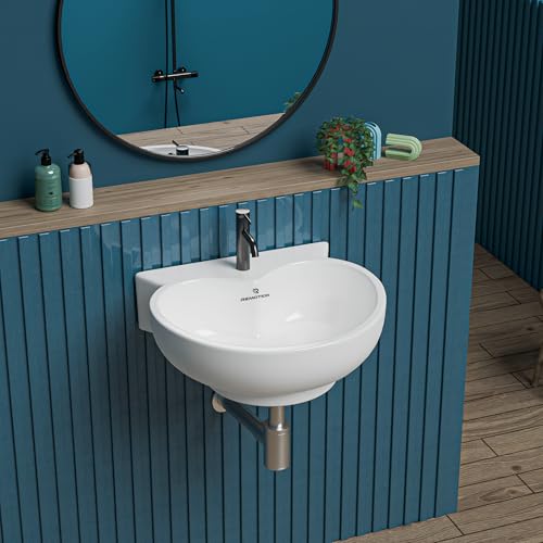 Image of REMOTION Ceramic Wall Hung Corner Wash Basin for Bathroom | Wall Mounted Corner Sink for Small Bathrooms & Powder Rooms | Space-Saving, Durable & Stylish Design (16 x 15 x 5 Inch)