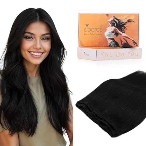Image of DOORES Weft Hair Extensions, Jet Black 16 Inch 80g Bundles Sew In Real Human Hair Straight Natural Weave Full Head