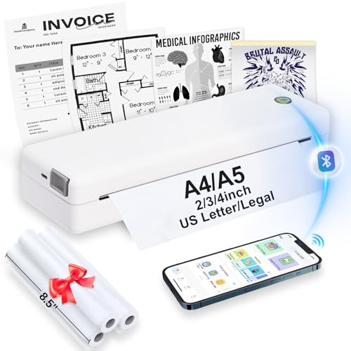Portable Thermal-Printer Wireless for Travel - Inkless Bluetooth Small Printer W/3 Rolls Paper for Smart Phone & Computer, Support 8.5