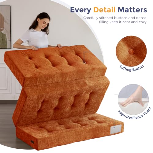 Image of MAXYOYO 6 inch Folding Sofa Bed for Floor, Tufted Tri-Fold Floor Mattress | Queen Size Portable Sofa Couch Guest Mat with Chenille Fabric for Adults, Foldable Topper for Camping, Orange, Queen