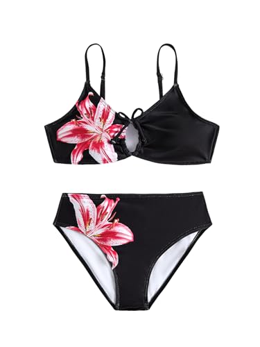 Image of COZYEASE Girls' 2 Piece Ditsy Floral Print Knot Front Ruched Triangle Bikini Swimsuit