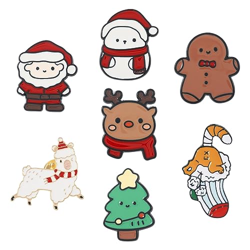 Image of 7Pcs Christmas Brooch Pins Enamel Xmas Tree Gingerbread Man Deer Cartoon Element Pin Jewelry Lapel Badges for Clothing Backpacks Hats DIY Christmas Decoration Accessories Gift