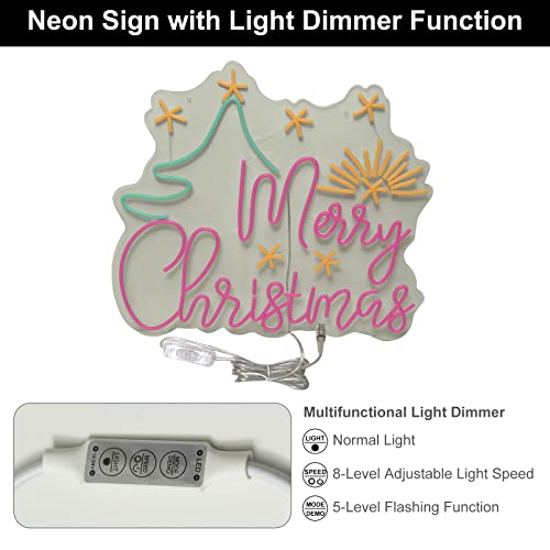 Image of Neon Signs Merry Christmas Tree Neon Sign Decorations Lighted Sign Xmas LED Neon Lights Green Red LED Sign for House, Home, Window, Balcony, Party, Wall Decor 60x50cm (with Tree and Starlight)