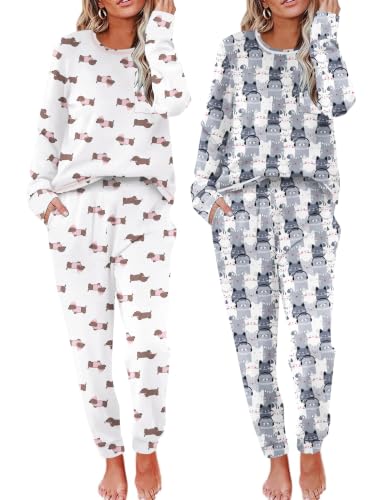 Image of Ekouaer 2 Pack Womens Pajama Sets Long Sleeve Lounge Sets Soft Pj Loungewear Sleepwear