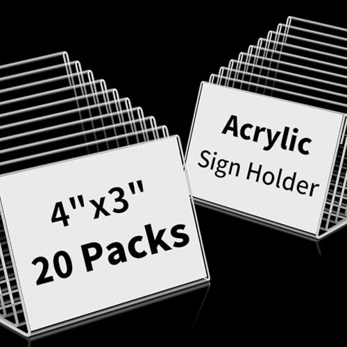 20 PCS Small Acrylic Sign Holder 4x3 inch, Small Acrylic Food Sign Labels for Party Buffet, Retail Price Display Holder, Clear Plastic Table Counter Top Stand for Name Card, Bakery, Wedding, Event Decor