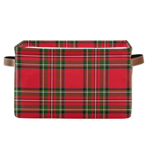 BOENLE Red Green Tartan Plaid Christmas Large Storage Basket Cube Storage Bin Canvas Fabric Organizer Handles Collapsible Decorative for Clothes Toys Bedroom