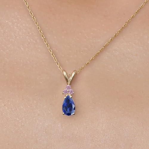 Gem Stone King 14K Yellow Gold Blue Created Sapphire and Pink Lab Grown Diamond Pendant Necklace for Women | 1.06 Cttw | Gemstone September Birthstone | Pear Shape 7X5MM | With 18 Inch Chain3