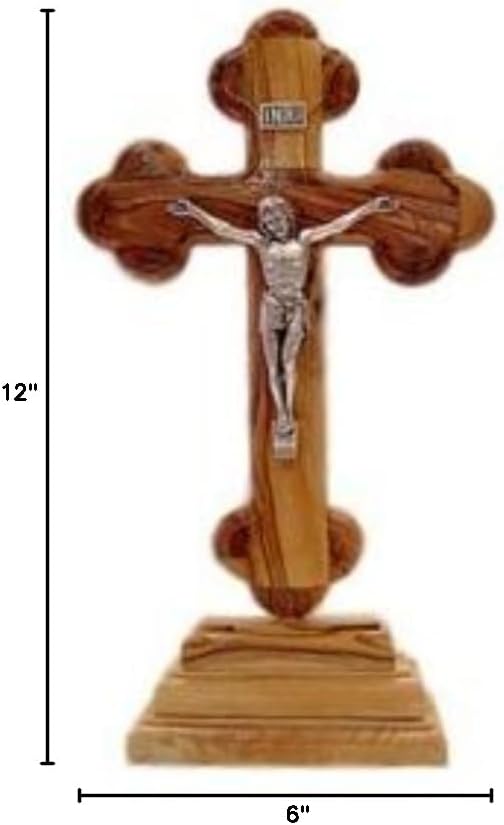 Holy Land Market Olive Wood Standing Cross with Crucifix - 10 inches high
