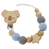 I LOVE MOM Schnullerkette Holz mit Holzperlen und H&auml;kelperlen, Schnullerketten mit Schnullerclip Koala Schnuller Kette Neugeborenen Geschenk (Blau)