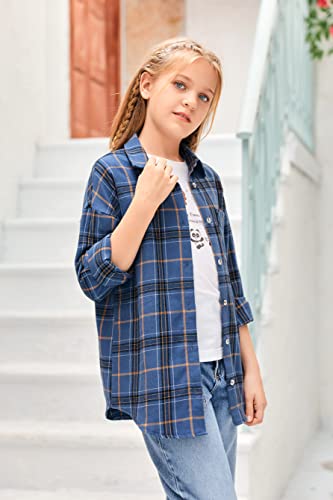 Laicigo Girl's Button Down Plaid Shirts Long Sleeve Lapel Collar Loose Lightweight Jackets With Pocket Navy #TOP3