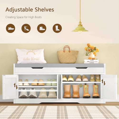 Image of 3-Tier Storage Bench, 47.2 inch Wide Shoe Bench with Lift Top Storage & 2 Adjustable Shelves, Entryway Bench with Padded Seat Cushion, Shoe Cabinet Bench for Entryway, Living Room, Bedroom (White)