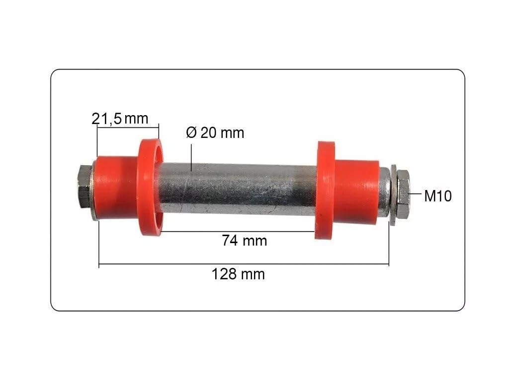 Produktbild von HKB Schubkarrenachse 128x74x20mm – Mit 2 Distanzstücken – Variable Innenlänge 70-110mm – Für PU- & Gummiräder